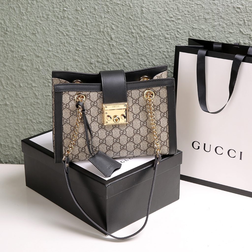 Gucci Ophidia Mini Bucket Bag in GG Supreme Canvas with Black Leather Trim and Drawstring