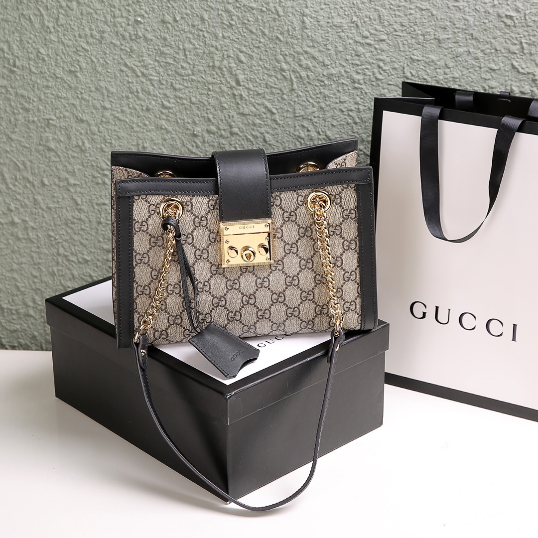 Gucci Ophidia Mini Bucket Bag in GG Supreme Canvas with Black Leather Trim and Drawstring