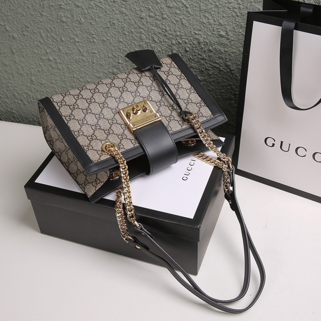Gucci Ophidia Mini Bucket Bag in GG Supreme Canvas with Black Leather Trim and Drawstring