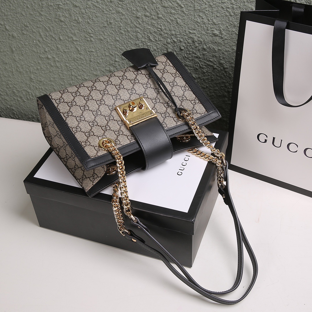 Gucci Ophidia Mini Bucket Bag in GG Supreme Canvas with Black Leather Trim and Drawstring