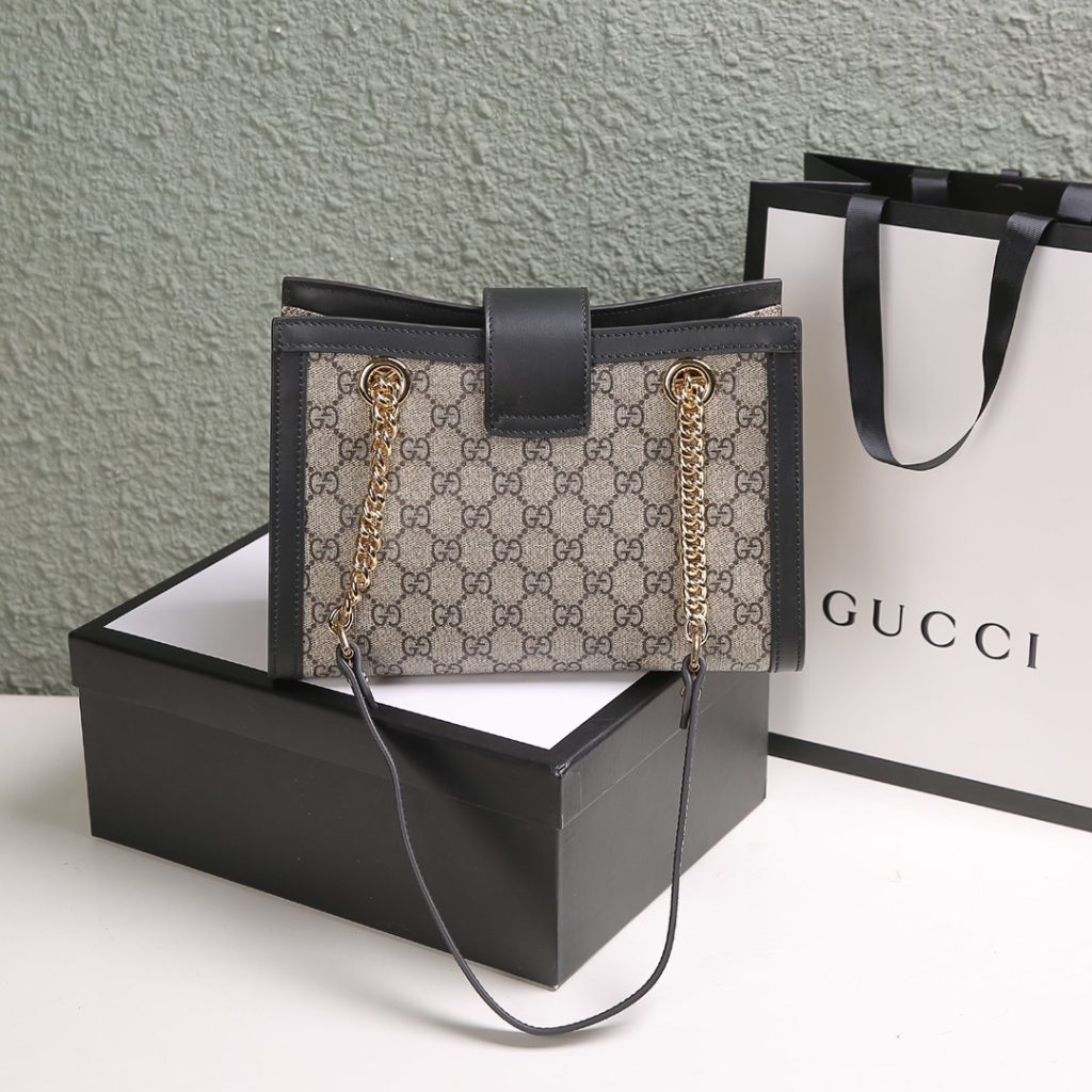 Gucci Ophidia Mini Bucket Bag in GG Supreme Canvas with Black Leather Trim and Drawstring