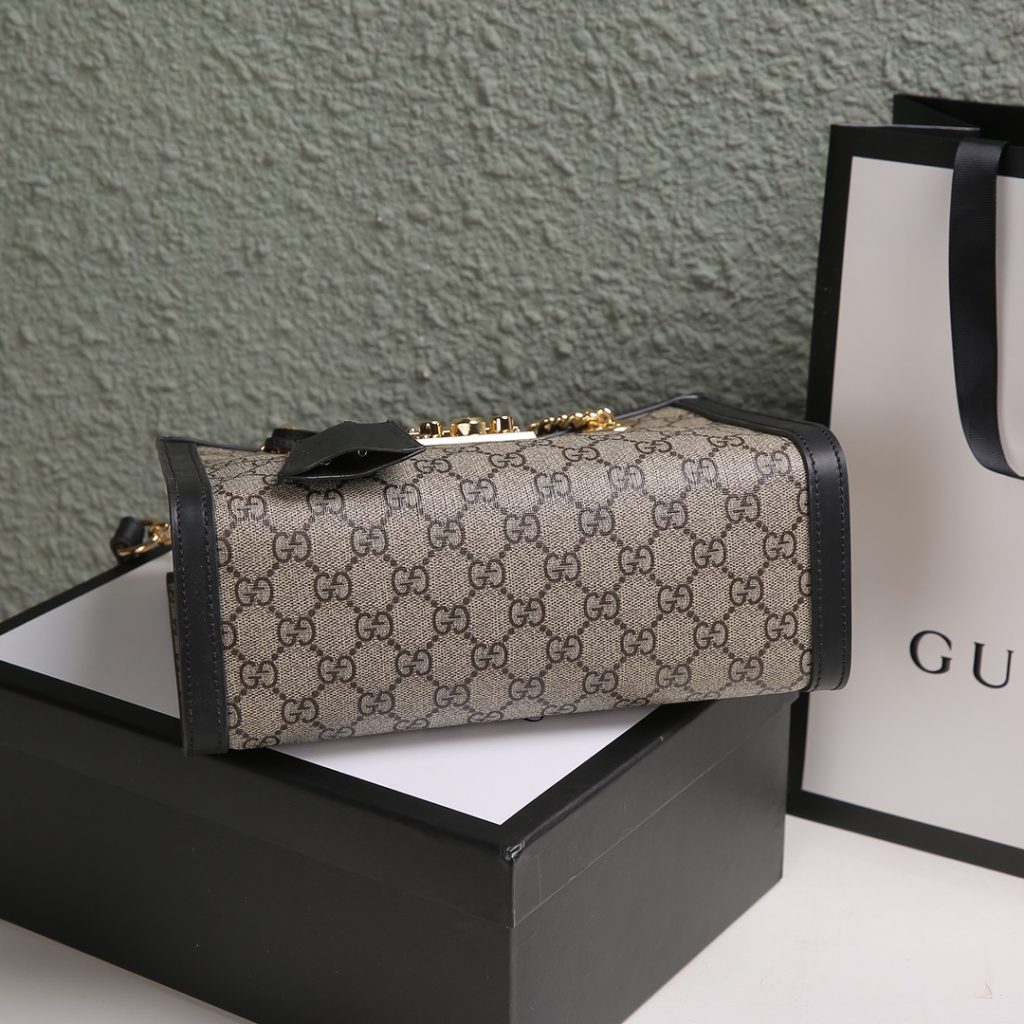 Gucci Ophidia Mini Bucket Bag in GG Supreme Canvas with Black Leather Trim and Drawstring