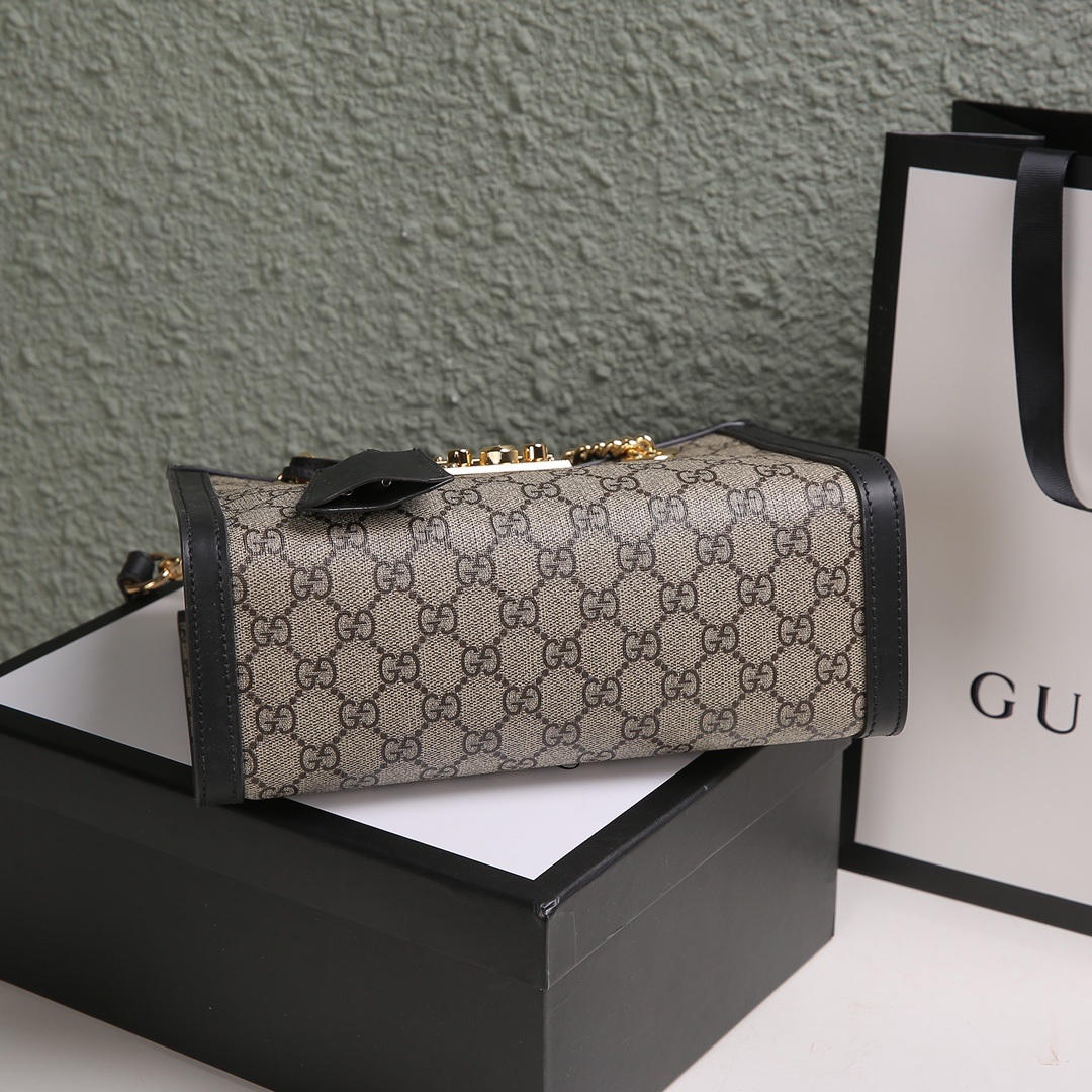 Gucci Ophidia Mini Bucket Bag in GG Supreme Canvas with Black Leather Trim and Drawstring