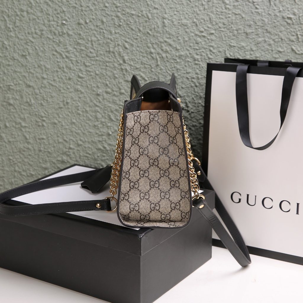 Gucci Ophidia Mini Bucket Bag in GG Supreme Canvas with Black Leather Trim and Drawstring