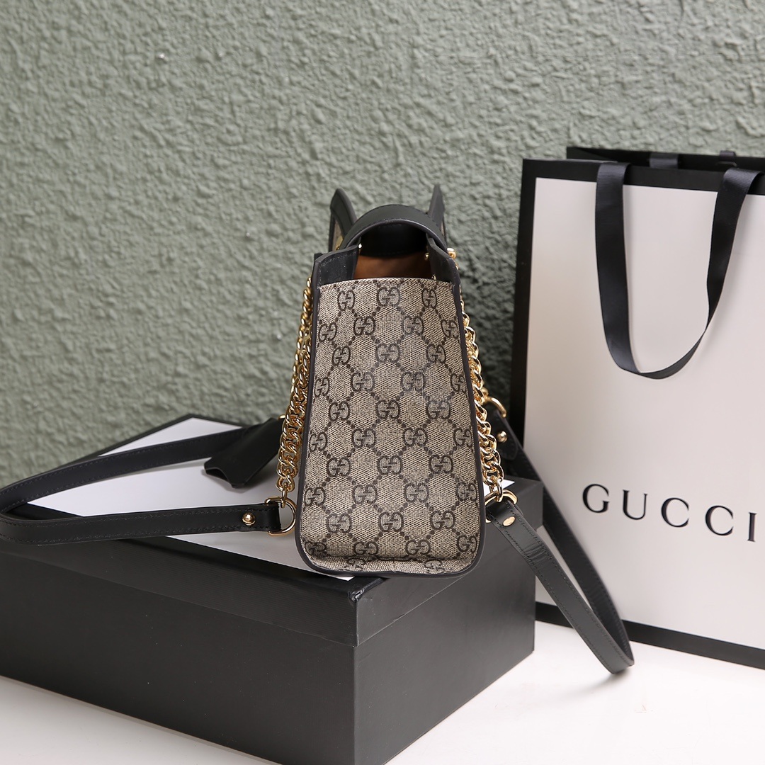 Gucci Ophidia Mini Bucket Bag in GG Supreme Canvas with Black Leather Trim and Drawstring