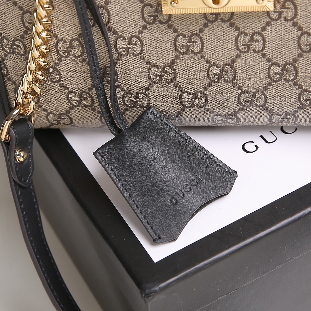 Gucci Ophidia Mini Bucket Bag in GG Supreme Canvas with Black Leather Trim and Drawstring