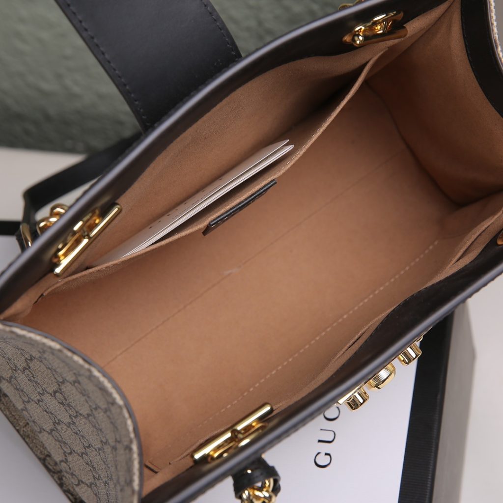 Gucci Ophidia Mini Bucket Bag in GG Supreme Canvas with Black Leather Trim and Drawstring
