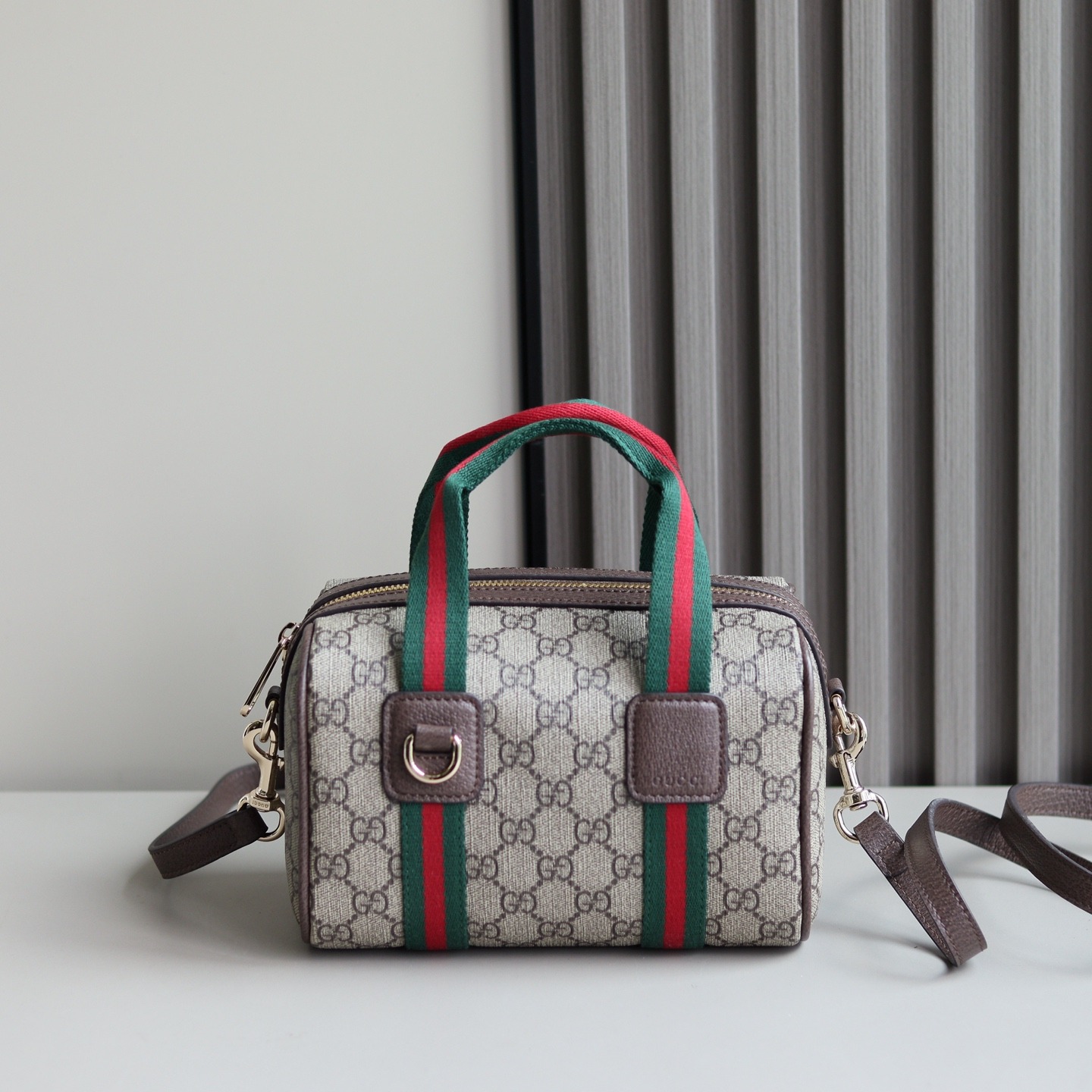 Gucci Ophidia Small in GG Supreme Canvas with Brown Leather Trim and Zipper Designer Bag