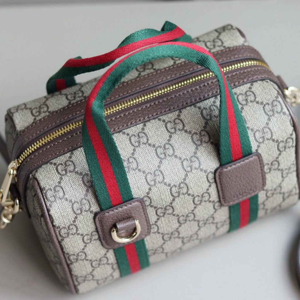 Gucci Ophidia Small in GG Supreme Canvas with Brown Leather Trim and Zipper Designer Bag