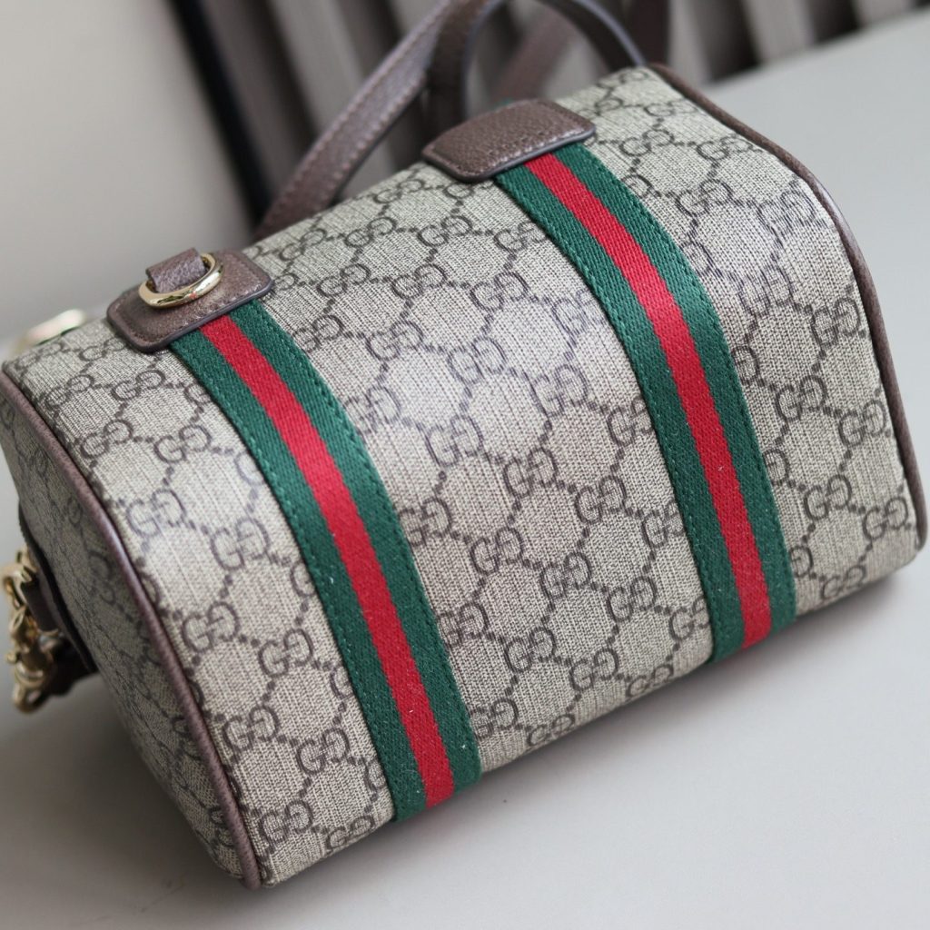 Gucci Ophidia Small in GG Supreme Canvas with Brown Leather Trim and Zipper Designer Bag