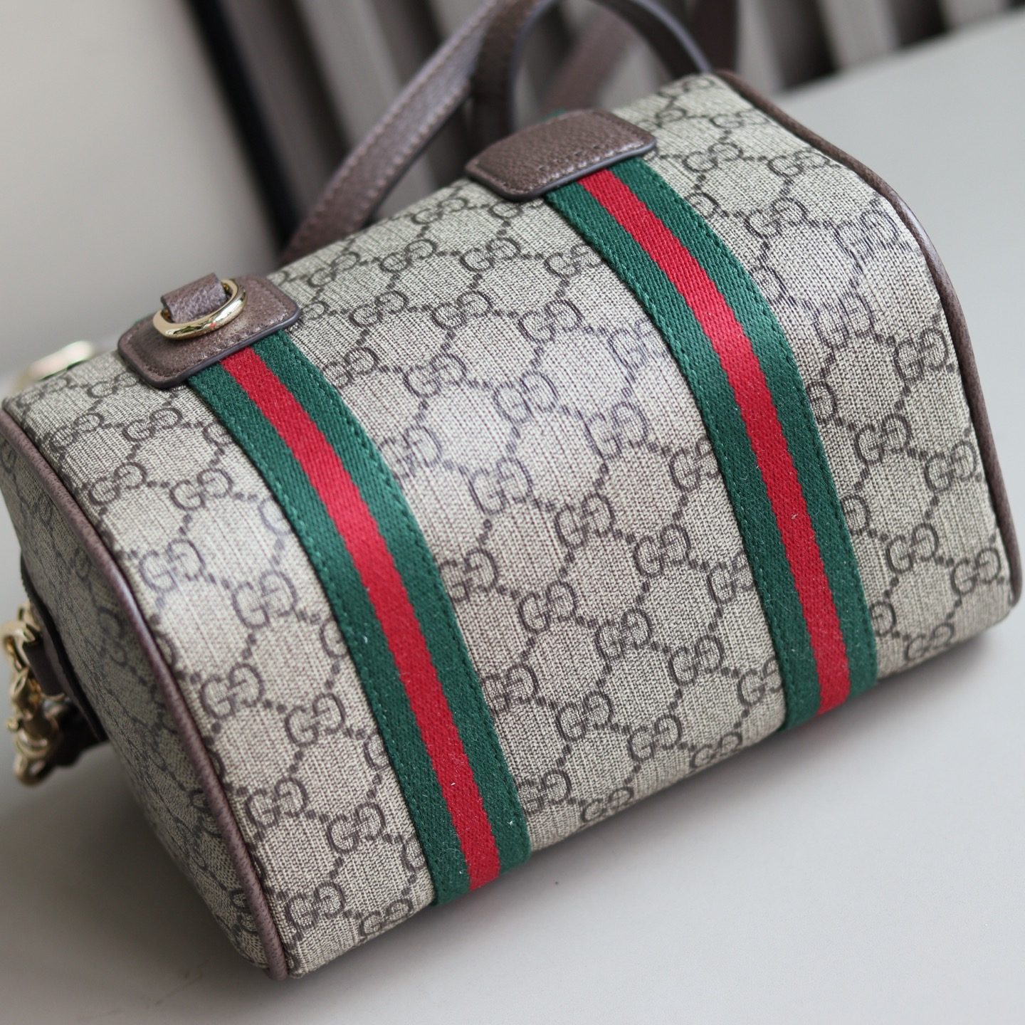 Gucci Ophidia Small in GG Supreme Canvas with Brown Leather Trim and Zipper Designer Bag