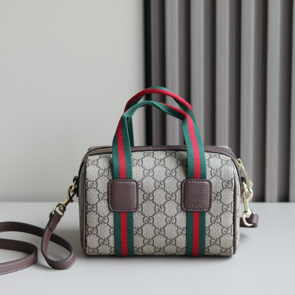 Gucci Ophidia Small in GG Supreme Canvas with Brown Leather Trim and Zipper Designer Bag