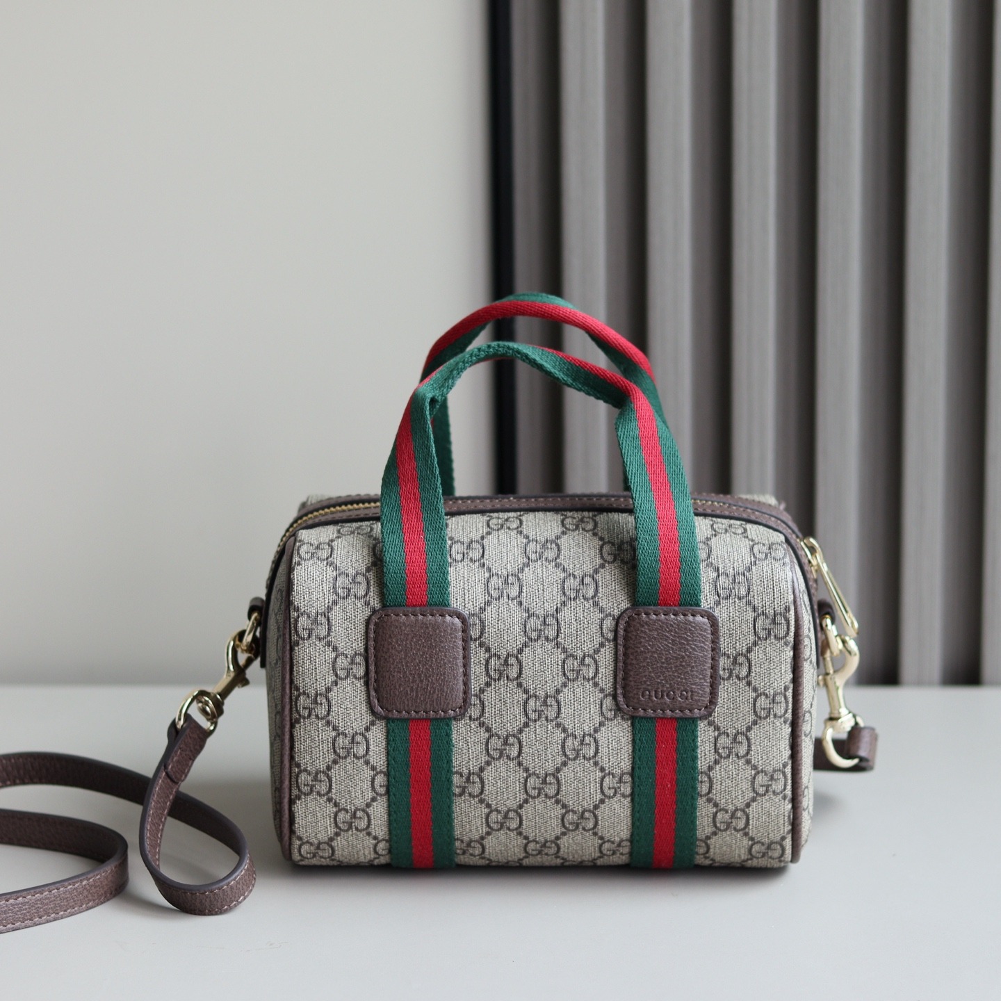 Gucci Ophidia Small in GG Supreme Canvas with Brown Leather Trim and Zipper Designer Bag