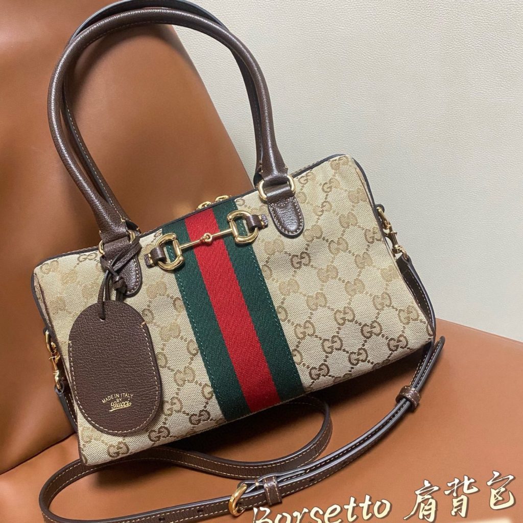 Gucci Borsetto in GG Canvas with Leather Trim and Zipper for Handheld Shoulder Bag Carry 866732