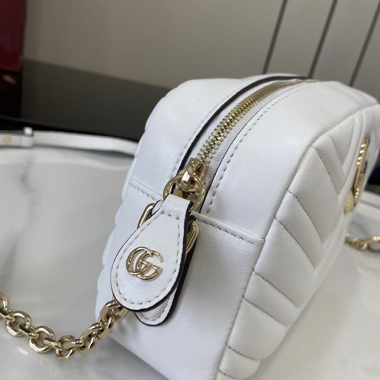Gucci Marmont Small Quilted Nappa Leather Crossbody Bag with Zipper and Adjustable Chain Shoulder