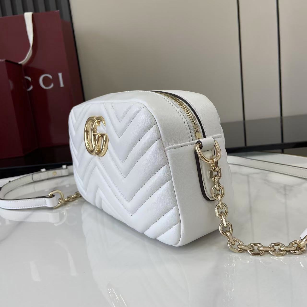 Gucci Marmont Small Quilted Nappa Leather Crossbody Bag with Zipper and Adjustable Chain Shoulder