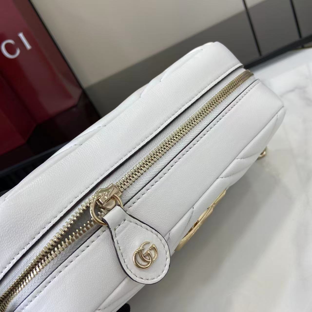 Gucci Marmont Small Quilted Nappa Leather Crossbody Bag with Zipper and Adjustable Chain Shoulder