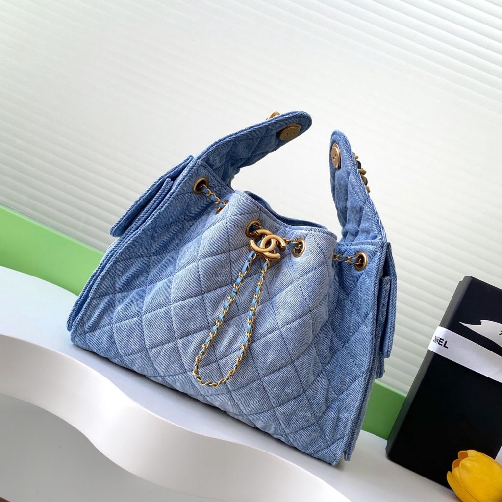 Chanel Hobo and Bucket Bag Small in Denim with Quilting and Drawstring and Gold Hardware