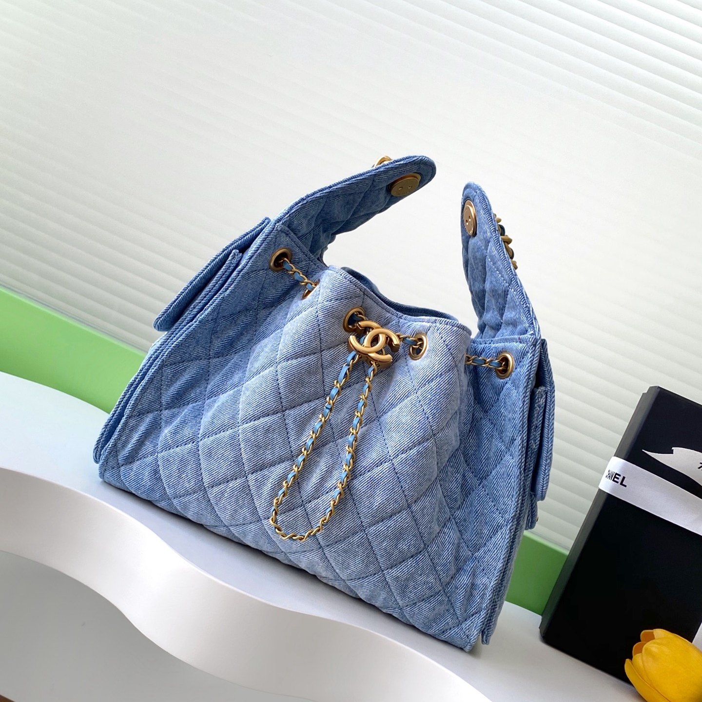 Chanel Hobo and Bucket Bag Small in Denim with Quilting and Drawstring and Gold Hardware