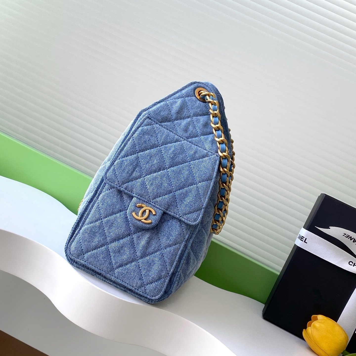 Chanel Hobo and Bucket Bag Small in Denim with Quilting and Drawstring and Gold Hardware