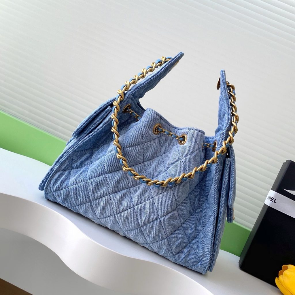 Chanel Hobo and Bucket Bag Small in Denim with Quilting and Drawstring and Gold Hardware