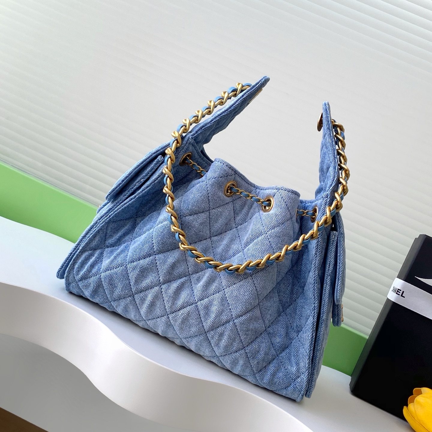 Chanel Hobo and Bucket Bag Small in Denim with Quilting and Drawstring and Gold Hardware
