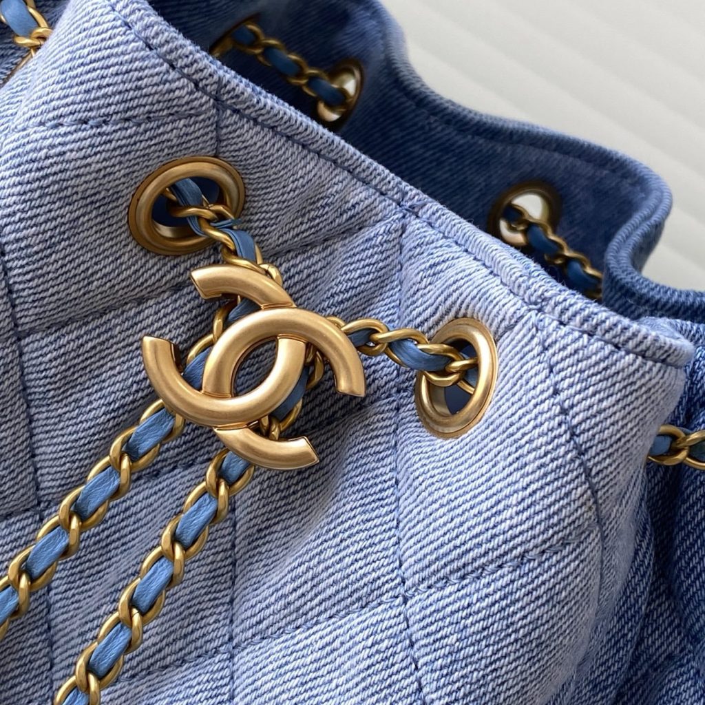 Chanel Hobo and Bucket Bag Small in Denim with Quilting and Drawstring and Gold Hardware