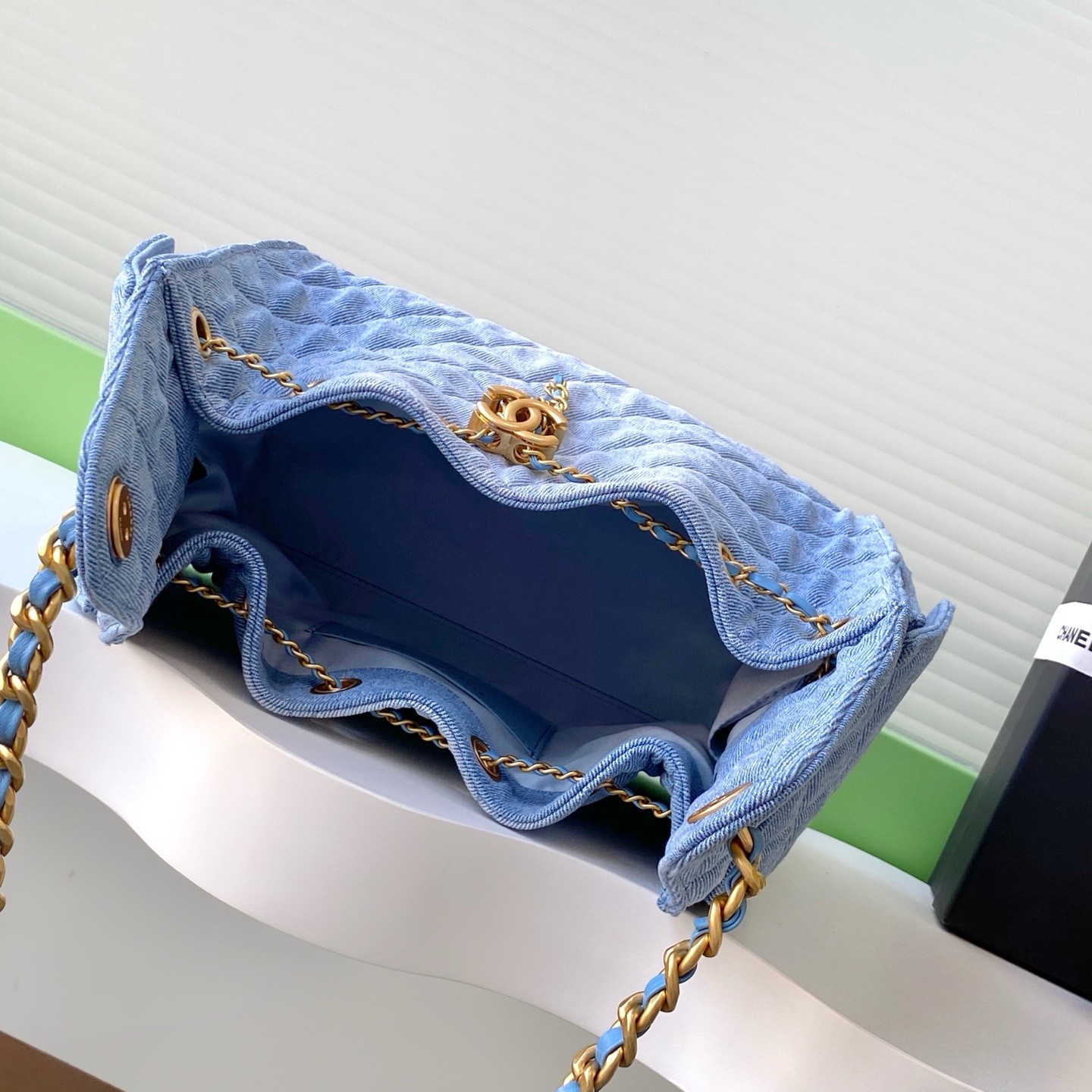 Chanel Hobo and Bucket Bag Small in Denim with Quilting and Drawstring and Gold Hardware