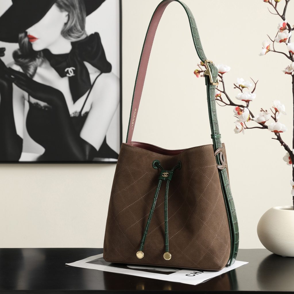 Chanel Bucket Bag in Calfskin with Drawstring for Handheld Shoulder Crossbody Carry