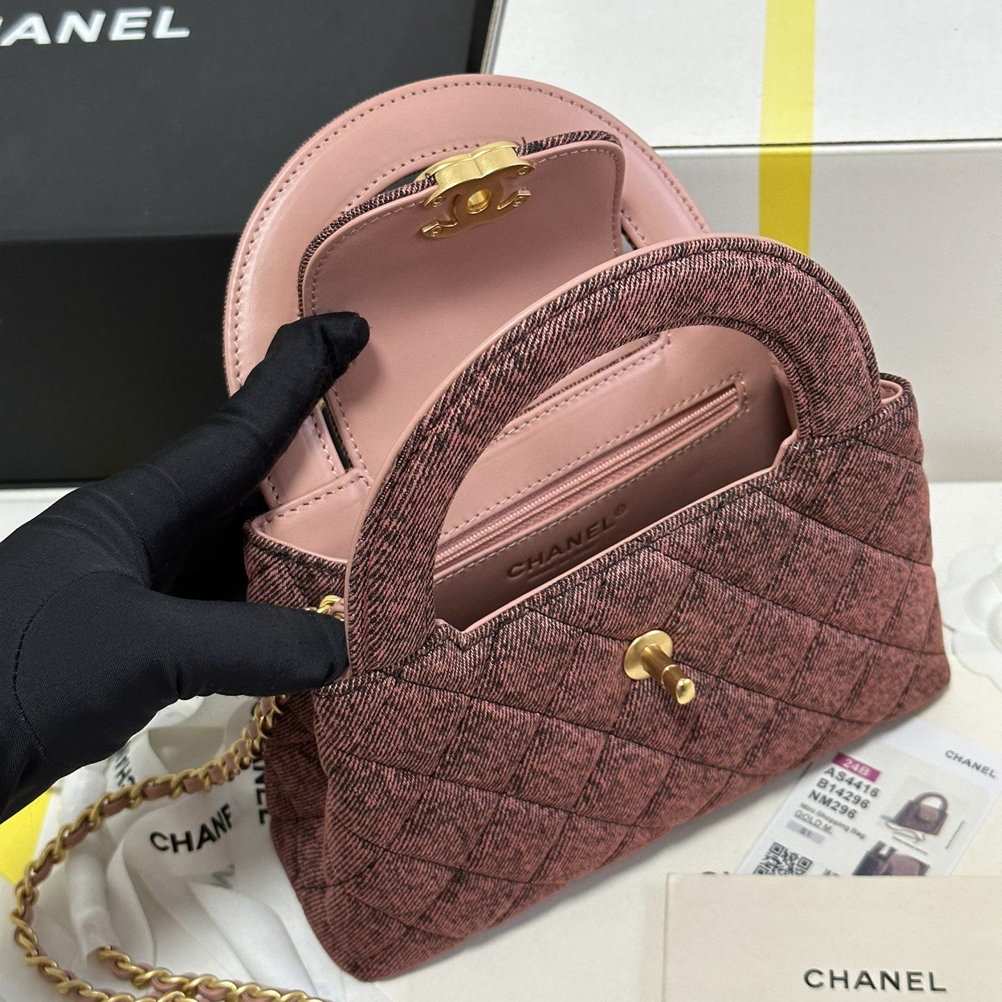 Chanel Mini Shopping Bag in Denim with Monogram Pattern and Turn-lock for Handheld Shoulder Carry