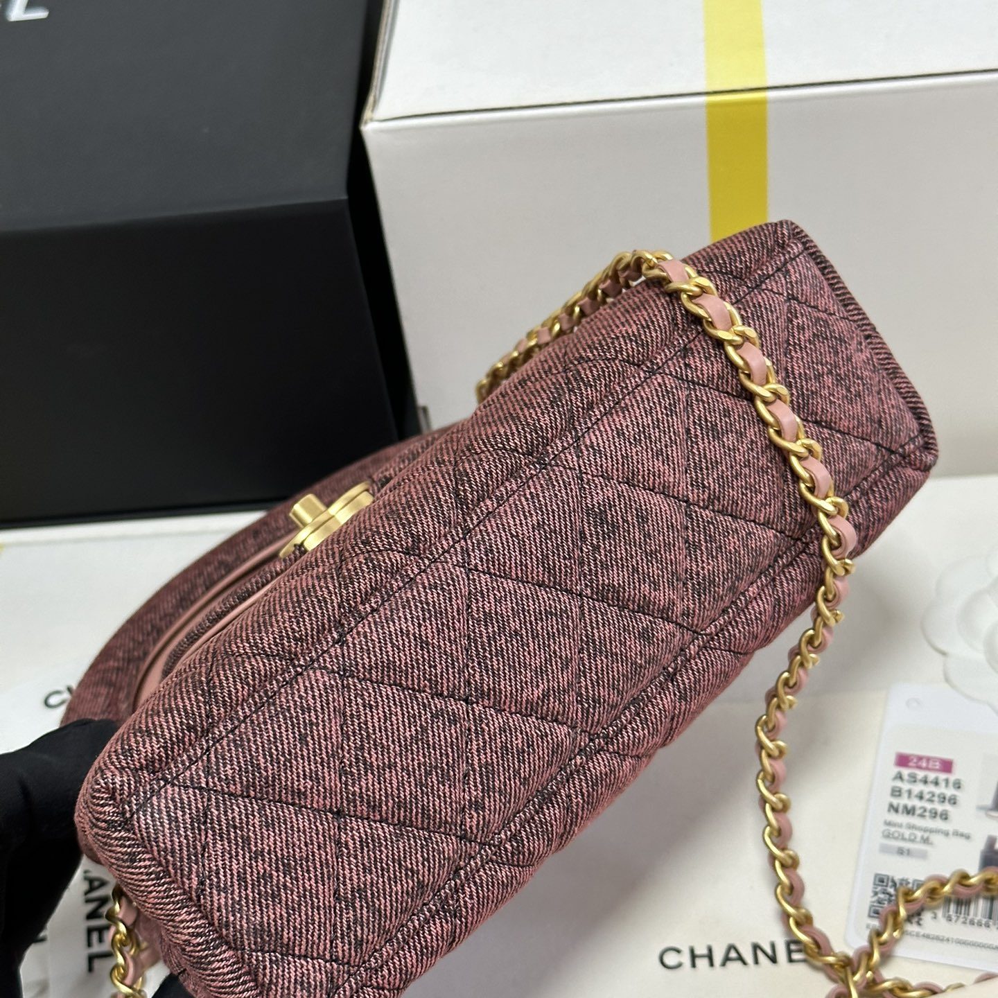 Chanel Mini Shopping Bag in Denim with Monogram Pattern and Turn-lock for Handheld Shoulder Carry