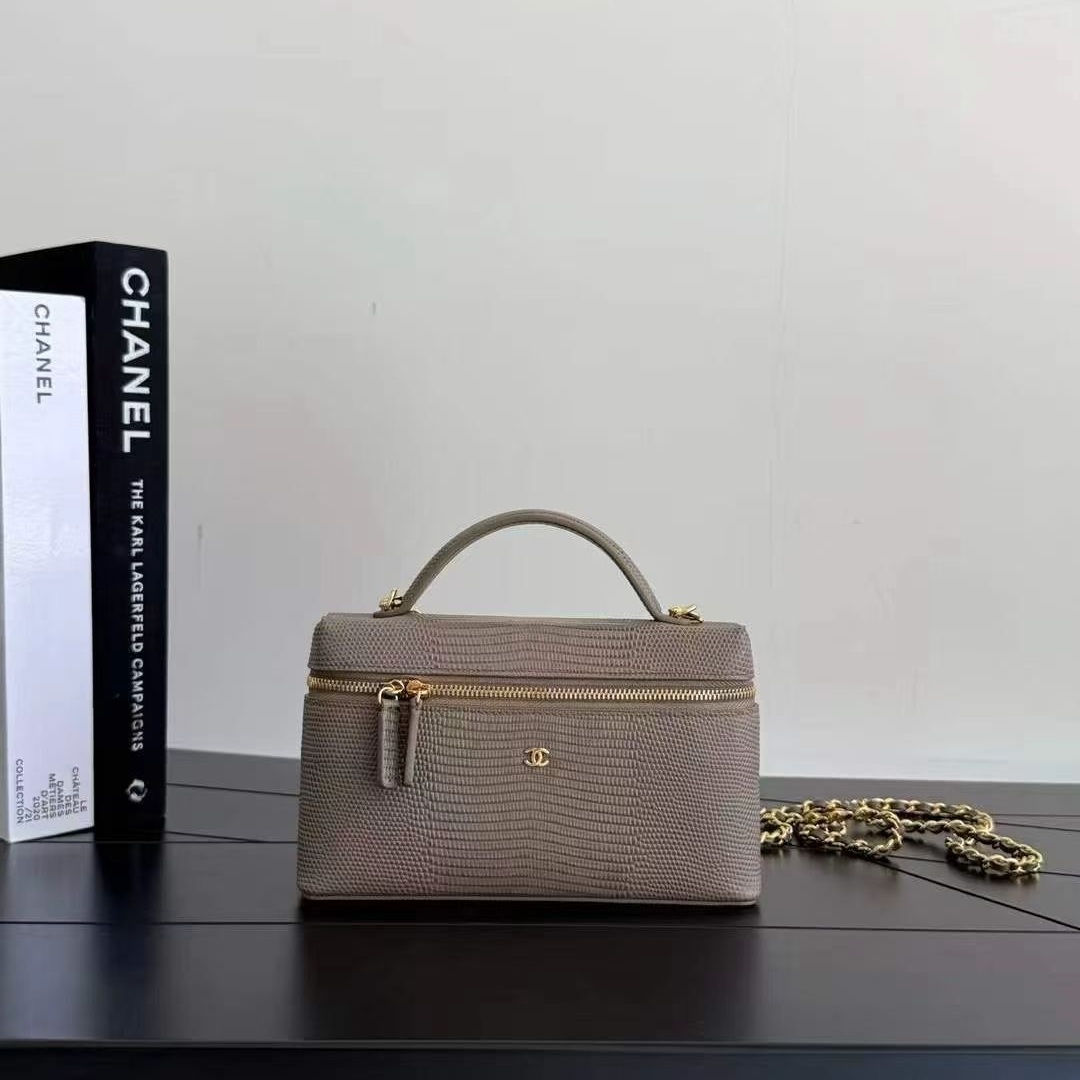 Chanel 26A Lunch Box Mini in Lizard Leather with Zipper Closure for Hand Shoulder Crossbody Carry