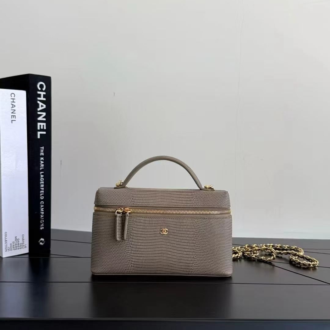Chanel 26A Lunch Box Mini in Lizard Leather with Zipper Closure for Hand Shoulder Crossbody Carry