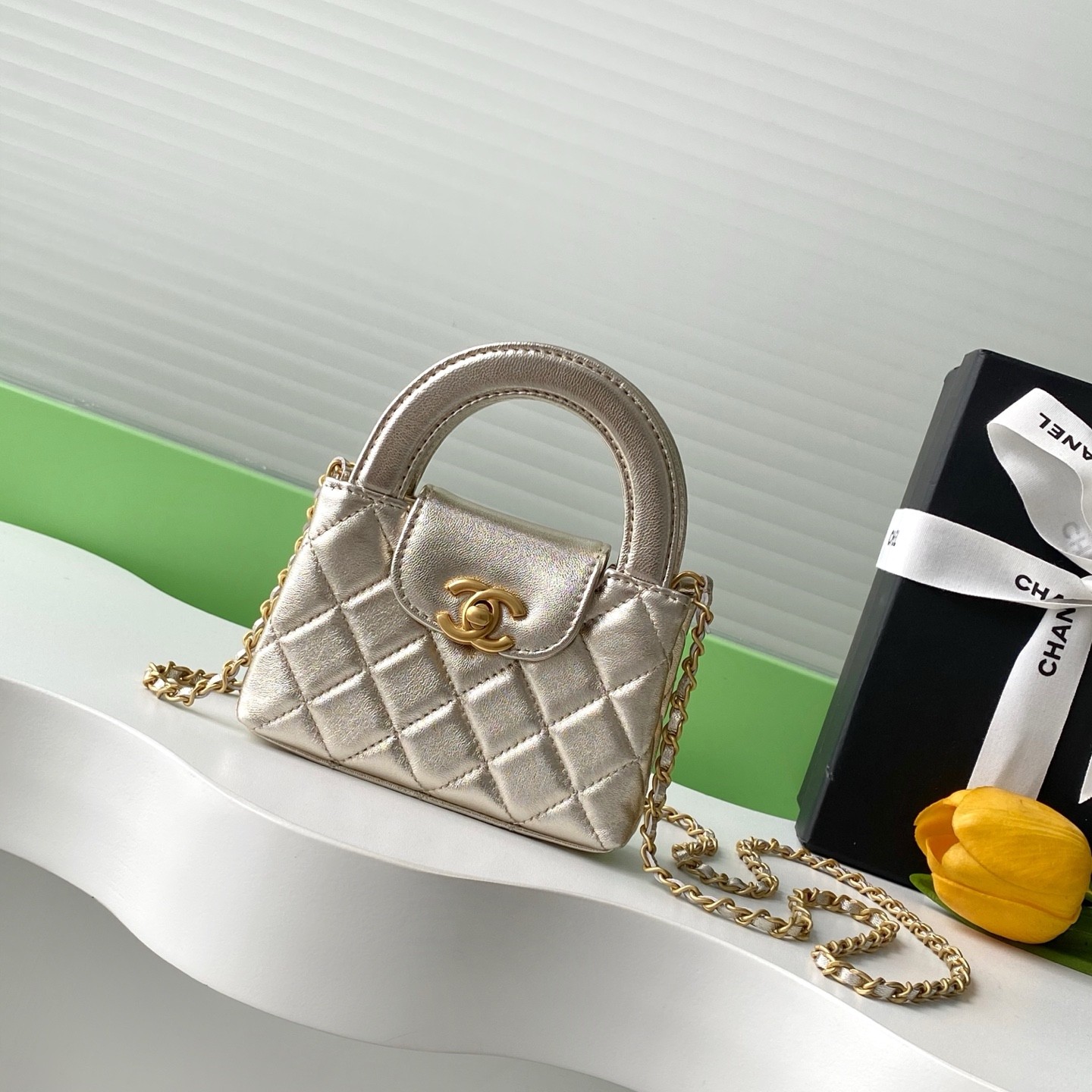 Chanel Kelly Mini Top Handle in Metallic Lambskin with Turn-lock Flap for Handheld and Shoulder