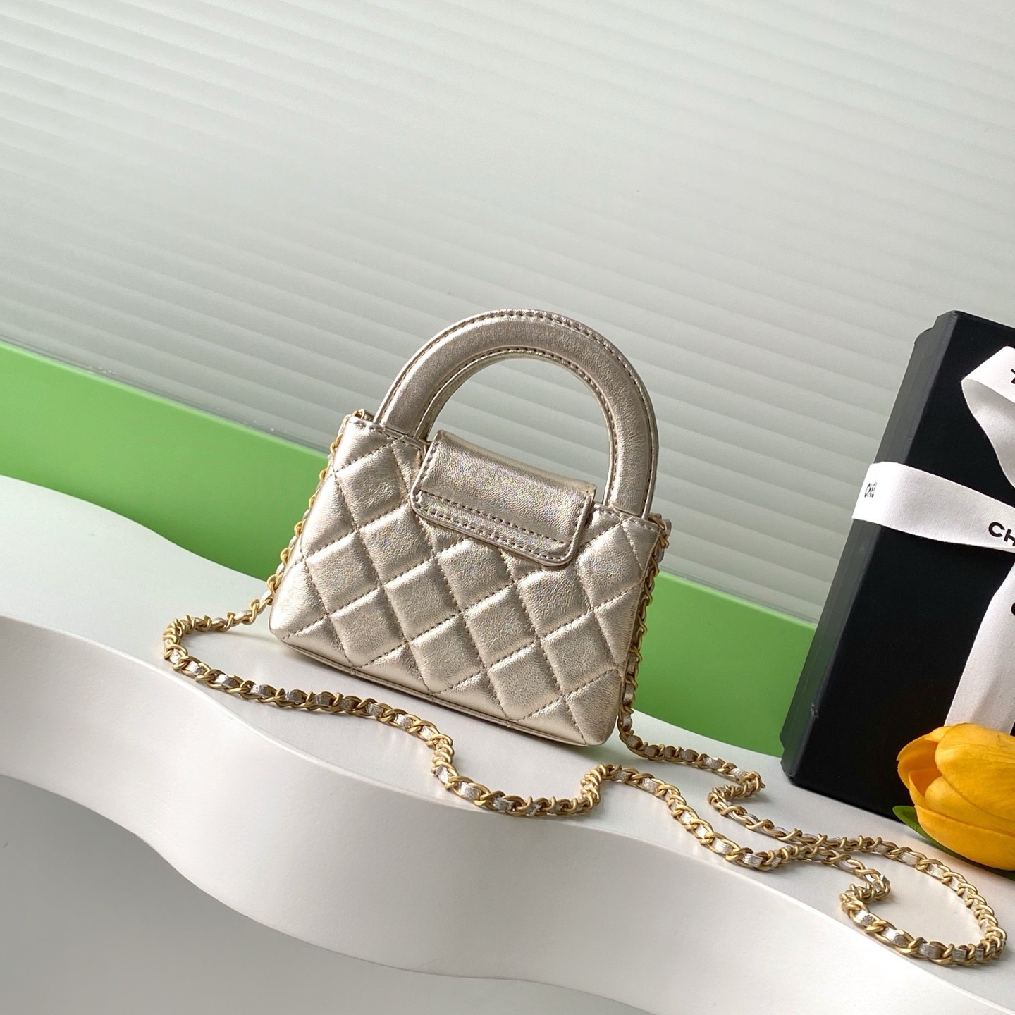 Chanel Kelly Mini Top Handle in Metallic Lambskin with Turn-lock Flap for Handheld and Shoulder