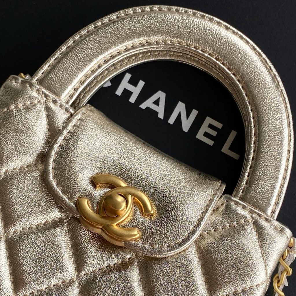 Chanel Kelly Mini Top Handle in Metallic Lambskin with Turn-lock Flap for Handheld and Shoulder
