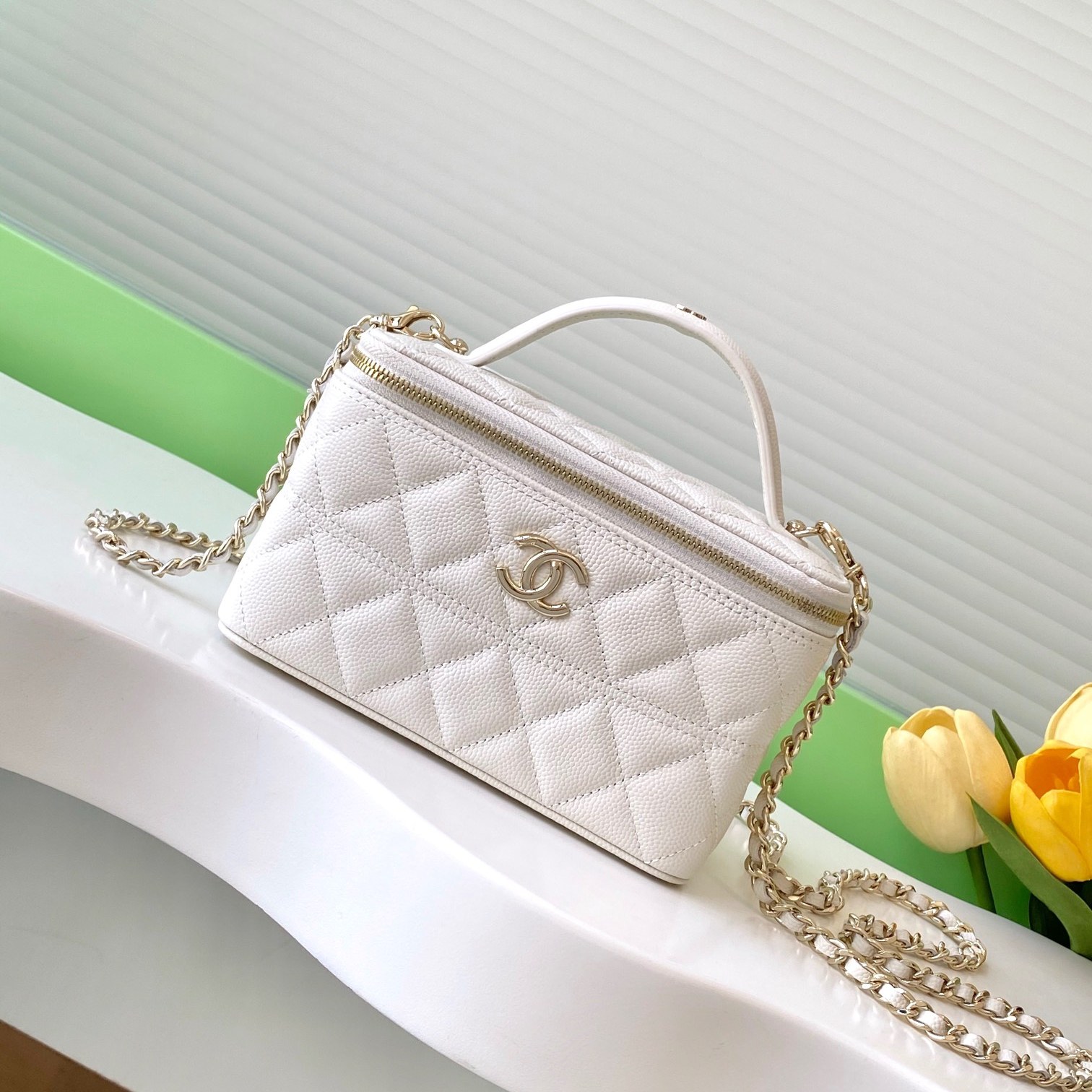 Chanel Beauty Case Nano in Caviar Leather with Zipper Closure for Hand Shoulder Crossbody Carry
