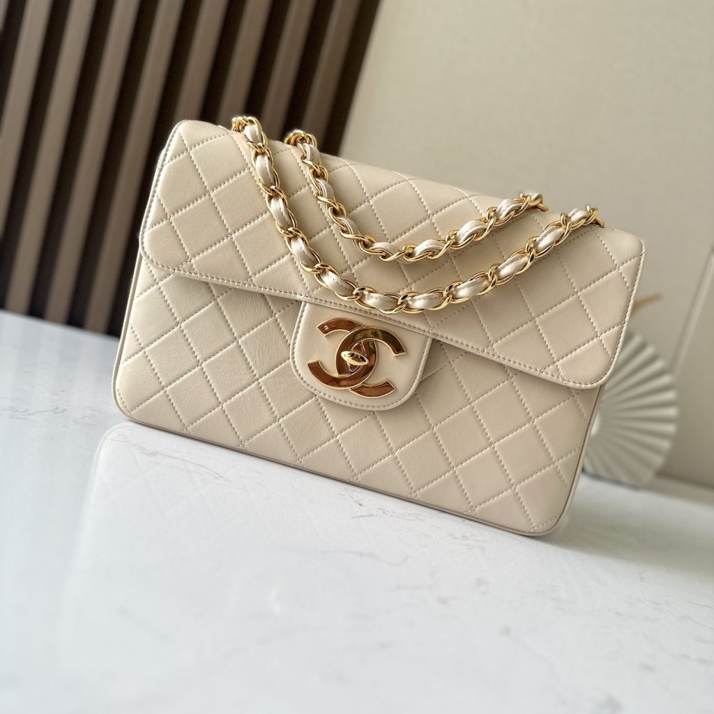 Chanel Classic Flap Grand Medium in Beige Lambskin with Turn for Shoulder Crossbody Designer Bag