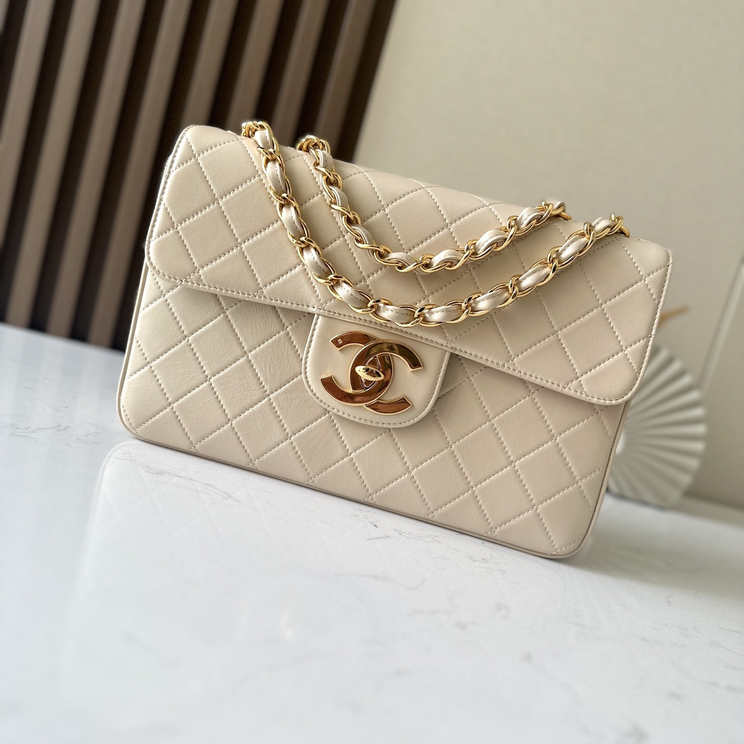 Chanel Classic Flap Grand Medium in Beige Lambskin with Turn for Shoulder Crossbody Designer Bag