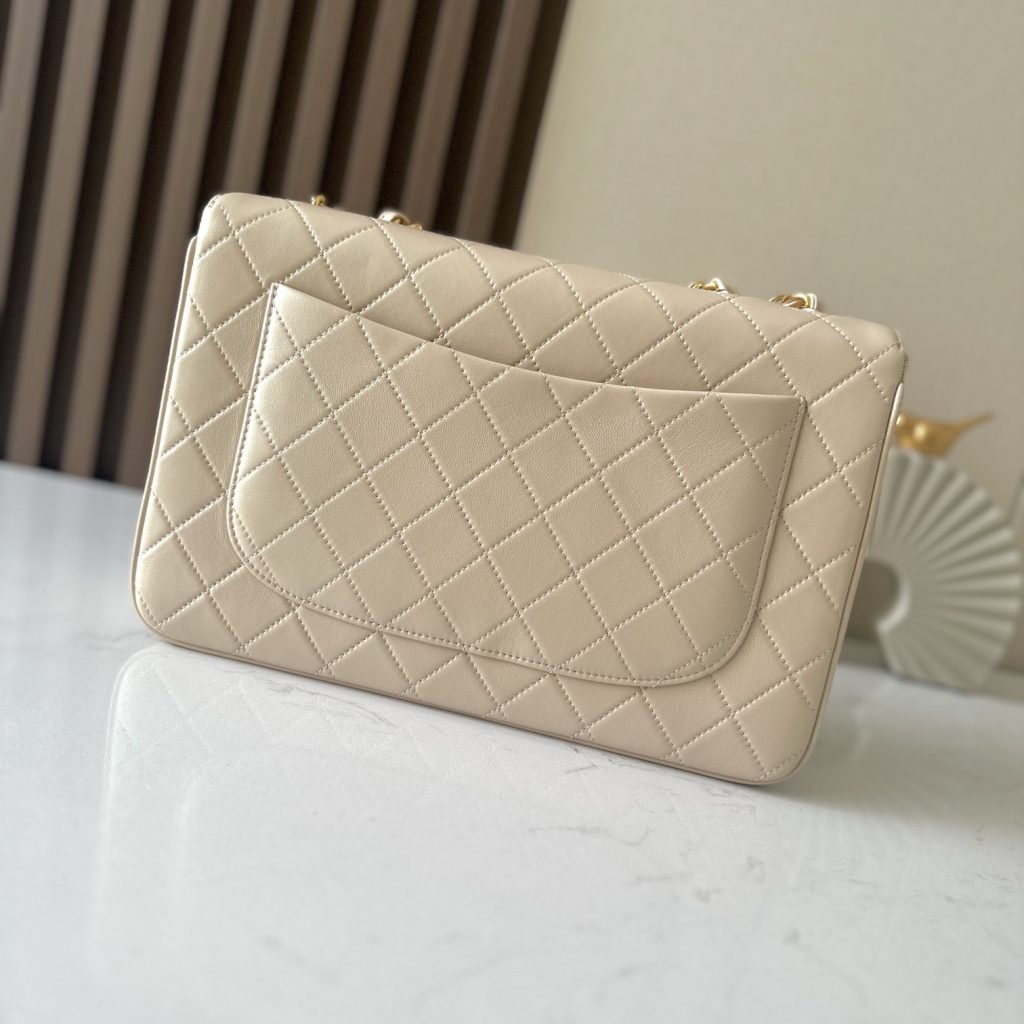 Chanel Classic Flap Grand Medium in Beige Lambskin with Turn for Shoulder Crossbody Designer Bag
