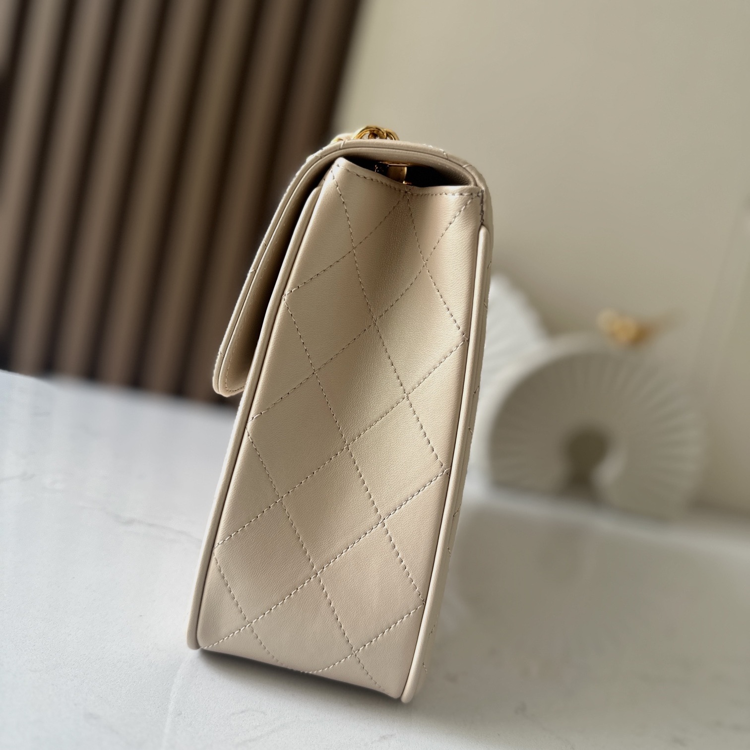 Chanel Classic Flap Grand Medium in Beige Lambskin with Turn for Shoulder Crossbody Designer Bag