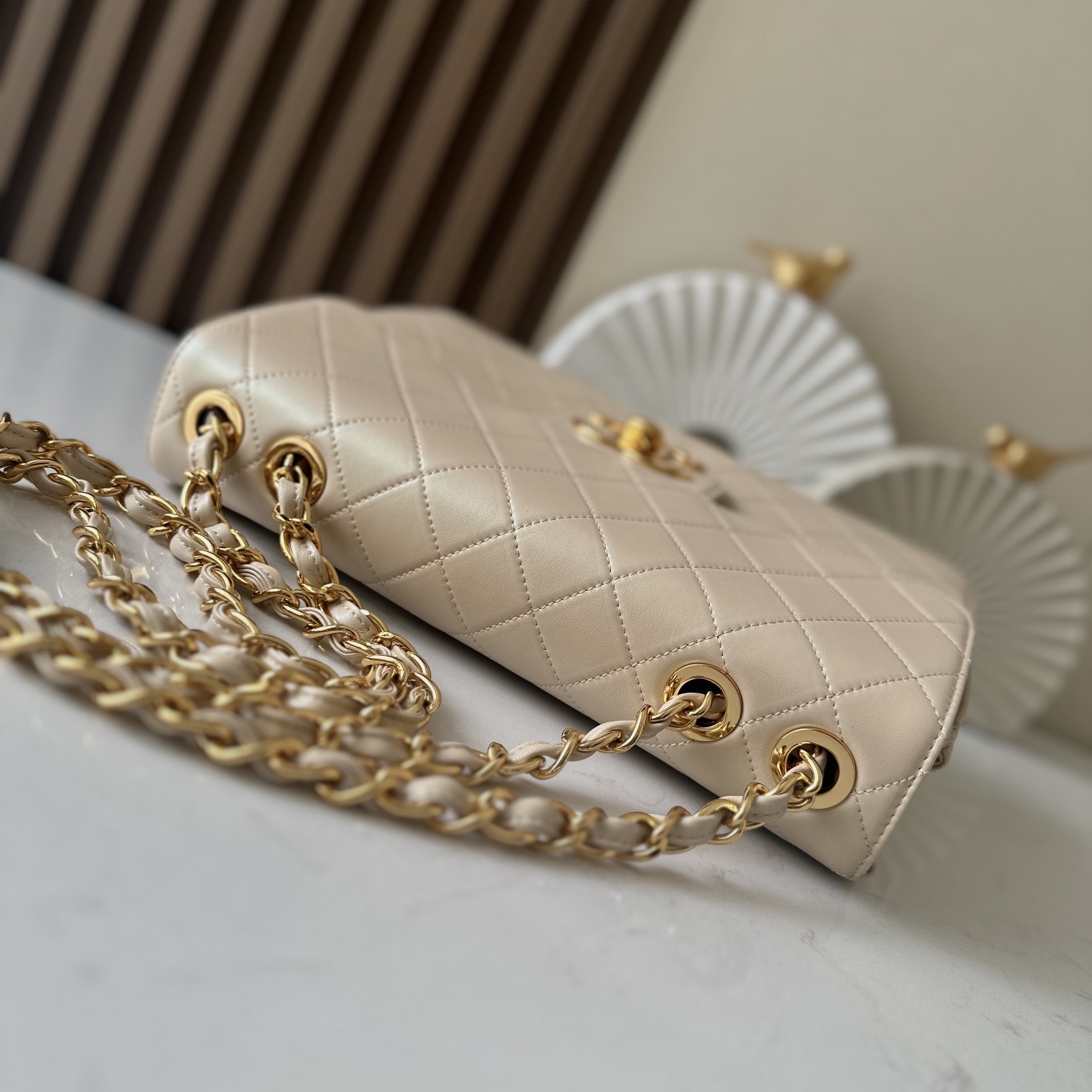 Chanel Classic Flap Grand Medium in Beige Lambskin with Turn for Shoulder Crossbody Designer Bag