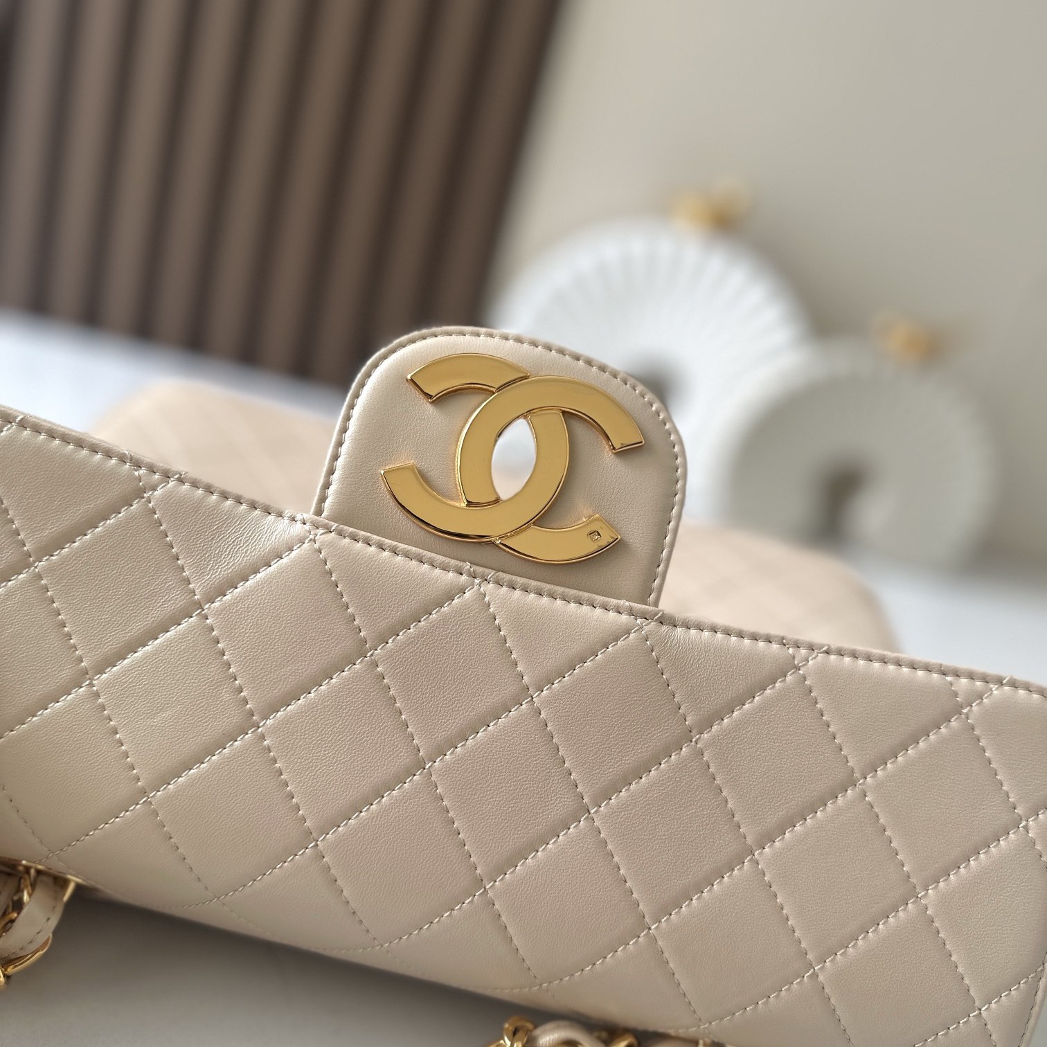 Chanel Classic Flap Grand Medium in Beige Lambskin with Turn for Shoulder Crossbody Designer Bag