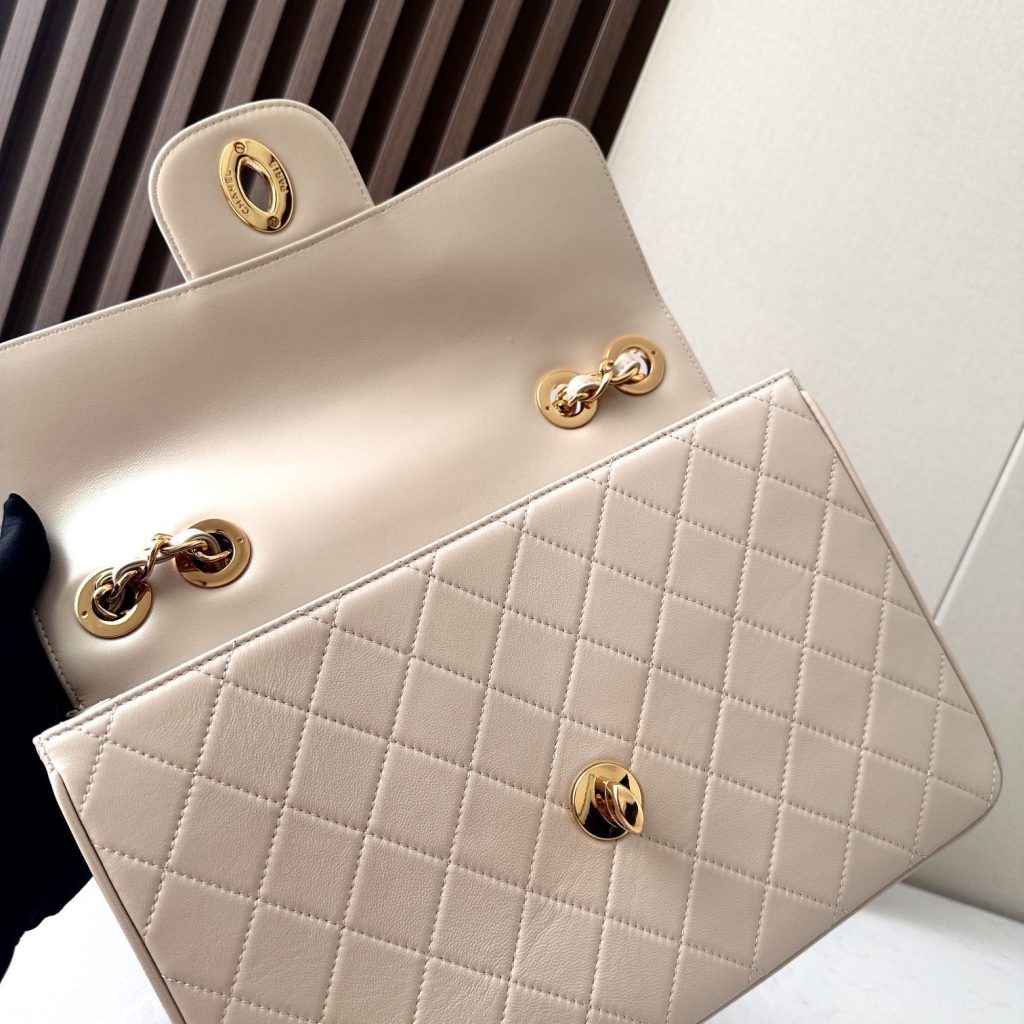 Chanel Classic Flap Grand Medium in Beige Lambskin with Turn for Shoulder Crossbody Designer Bag
