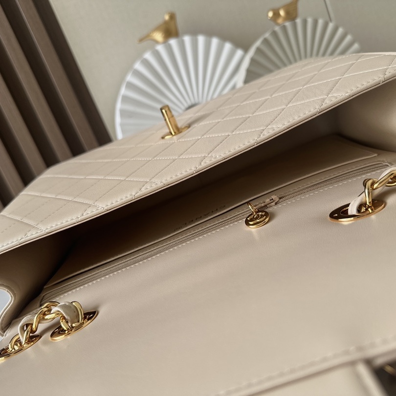Chanel Classic Flap Grand Medium in Beige Lambskin with Turn for Shoulder Crossbody Designer Bag