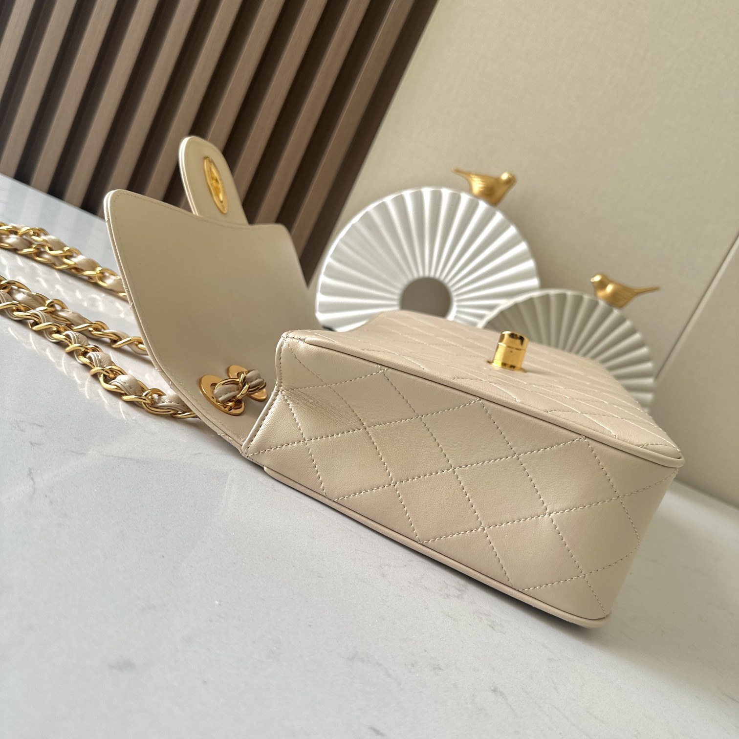 Chanel Classic Flap Grand Medium in Beige Lambskin with Turn for Shoulder Crossbody Designer Bag