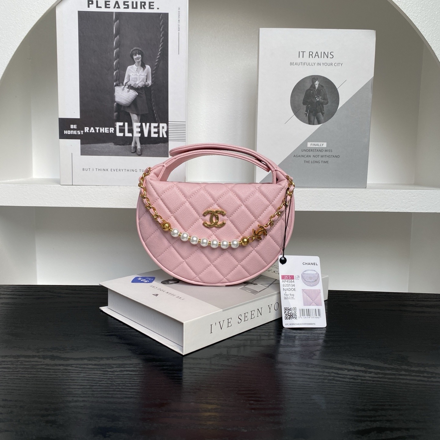 Chanel Moon Bag Mini in Caviar Leather with Zipper and Pearl Chain for Handheld Shoulder Carry