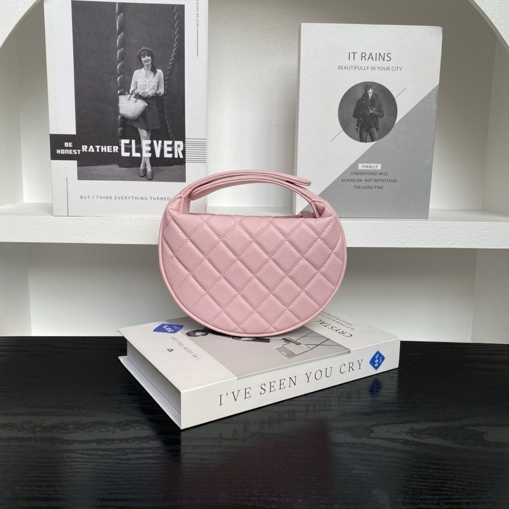 Chanel Moon Bag Mini in Caviar Leather with Zipper and Pearl Chain for Handheld Shoulder Carry