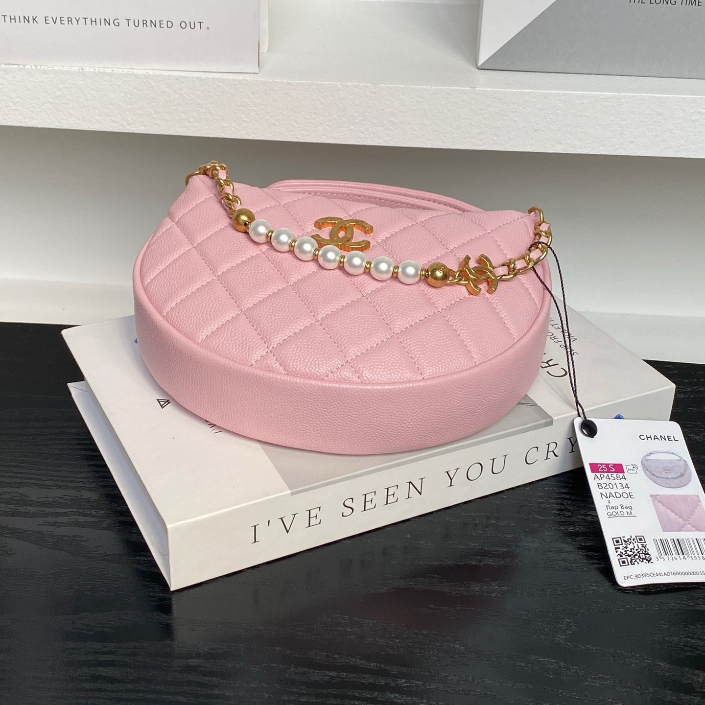 Chanel Moon Bag Mini in Caviar Leather with Zipper and Pearl Chain for Handheld Shoulder Carry