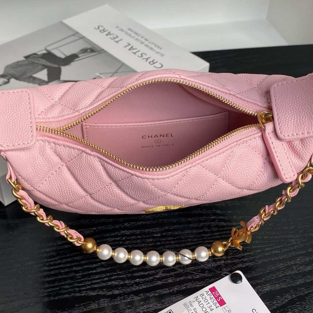 Chanel Moon Bag Mini in Caviar Leather with Zipper and Pearl Chain for Handheld Shoulder Carry
